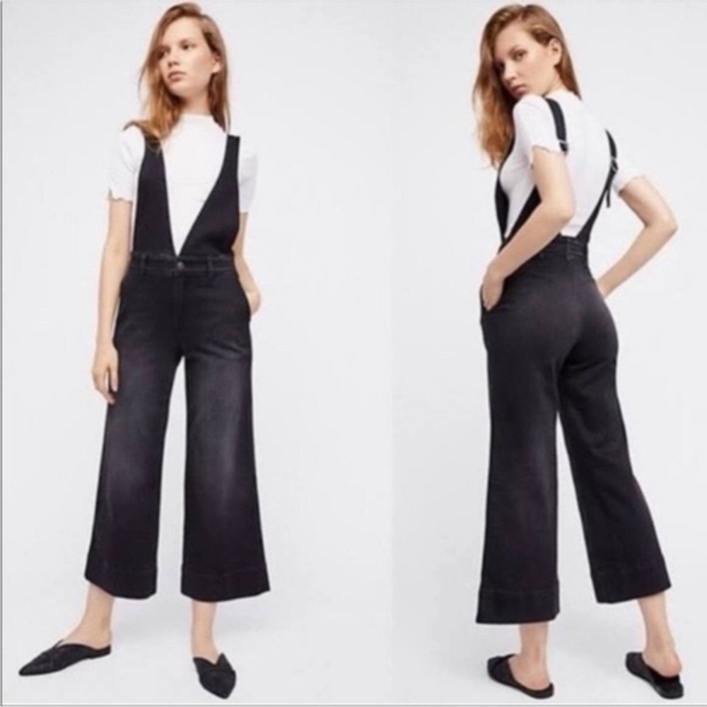 Free People Black Wide-Leg Overalls